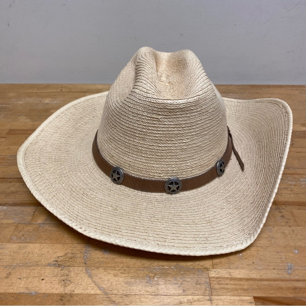 Vintage Sunbody Hat Handcrafted Palm Leaves Houston Texas Guatemala 6 7/8 (55)
